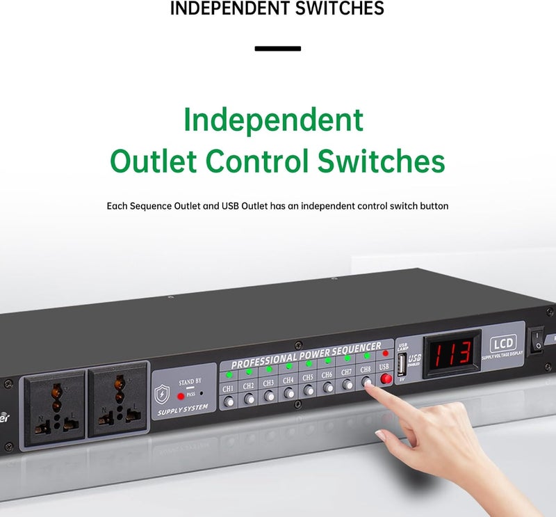 fmuser 10-Outlet Power Sequencer Conditioner, 3000W Rack Power Conditioner with Independent Power Switch Surge Protector LCD Display, Ideal for Studio and Home Theater Sound System - Image 4